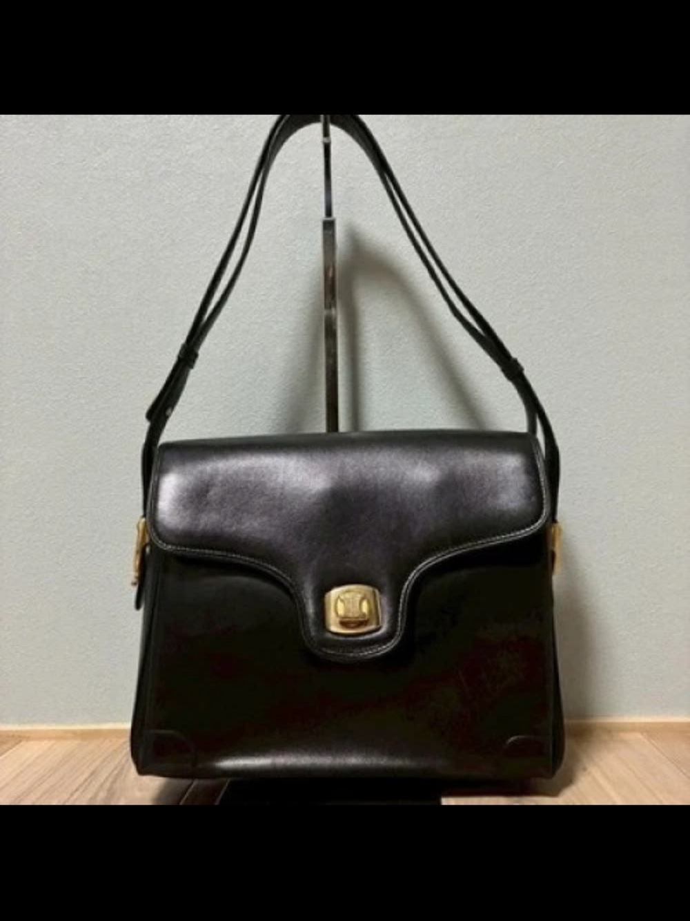 Celine Black Leather Shoulder Bag with Gold Logo